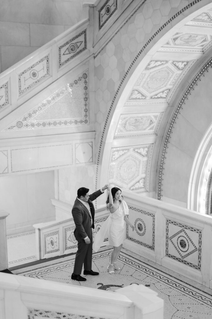 couple twirling inside the chicago cultural center